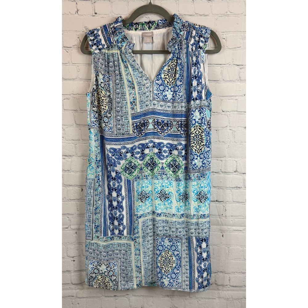 CHICO'S white blue shift lined sleeveless dress size 0 (S)
